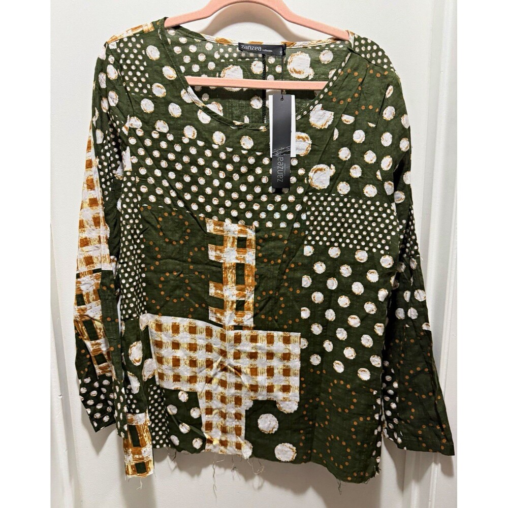 Zanzea Women’s XL Green/White/Brown Polka Dot Long Sleeve Round Neck Blouse